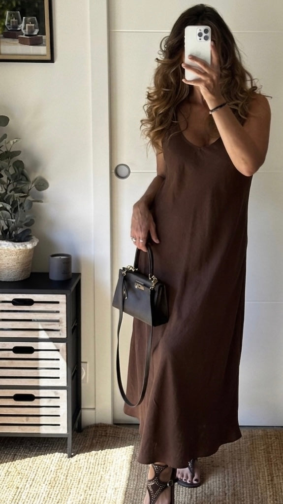 Robe longue en lin couleur chocolat 