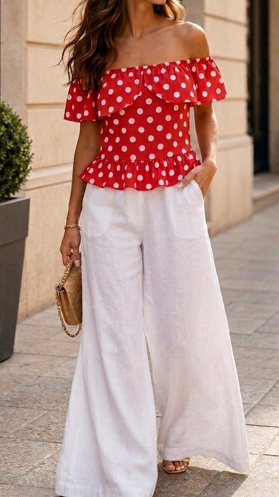 Top Bardot rouge à Pois en Coton