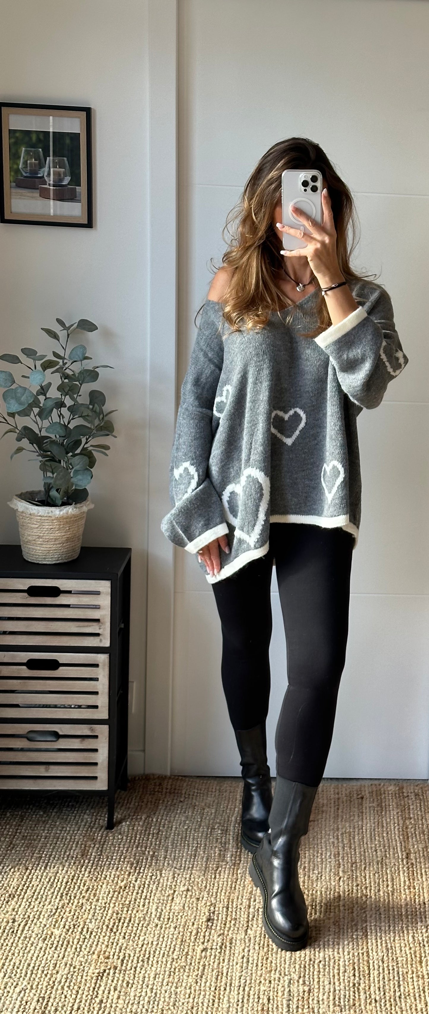 Pull cœurs gris