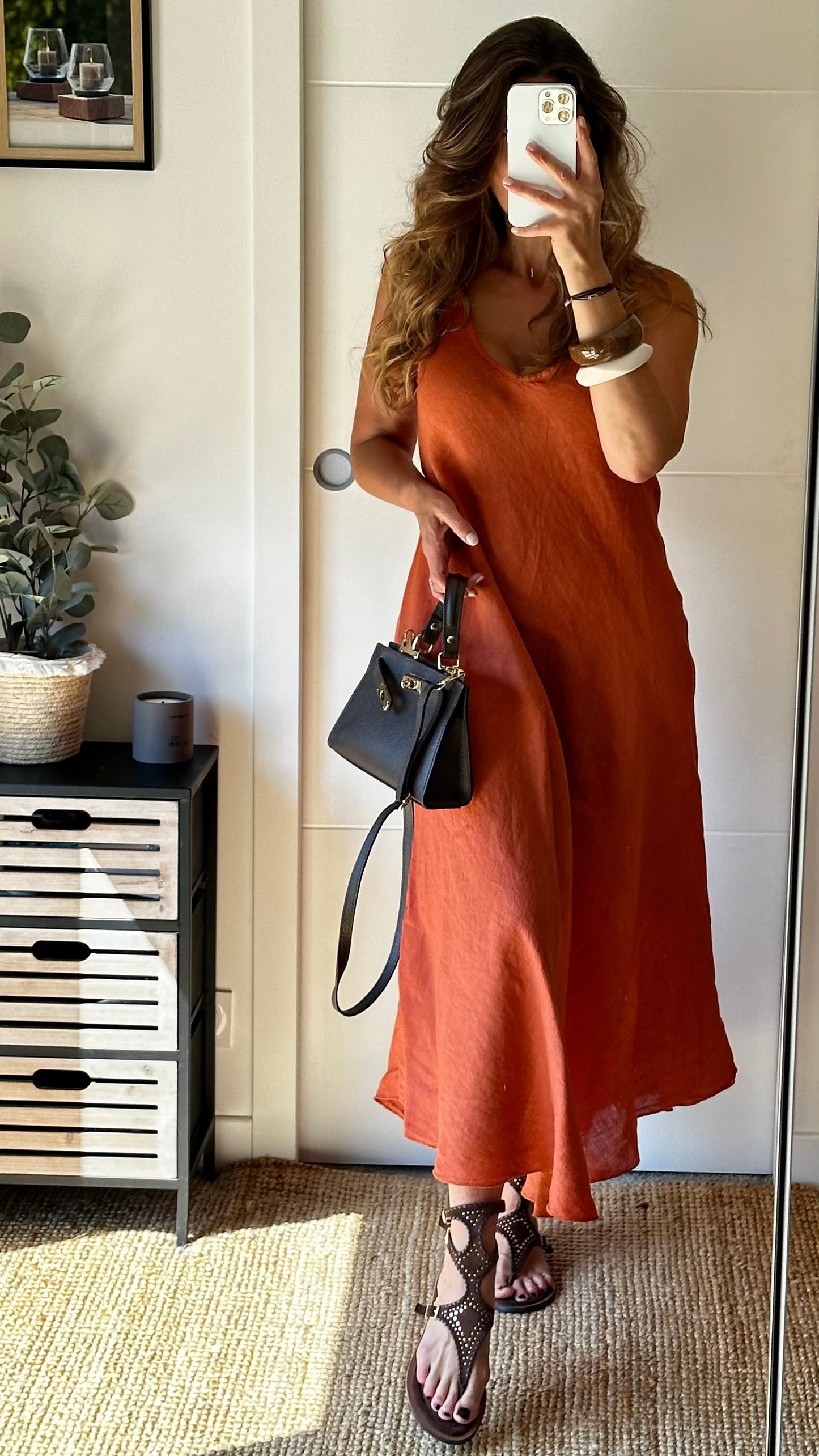 Robe longue en lin unie couleur terracotta