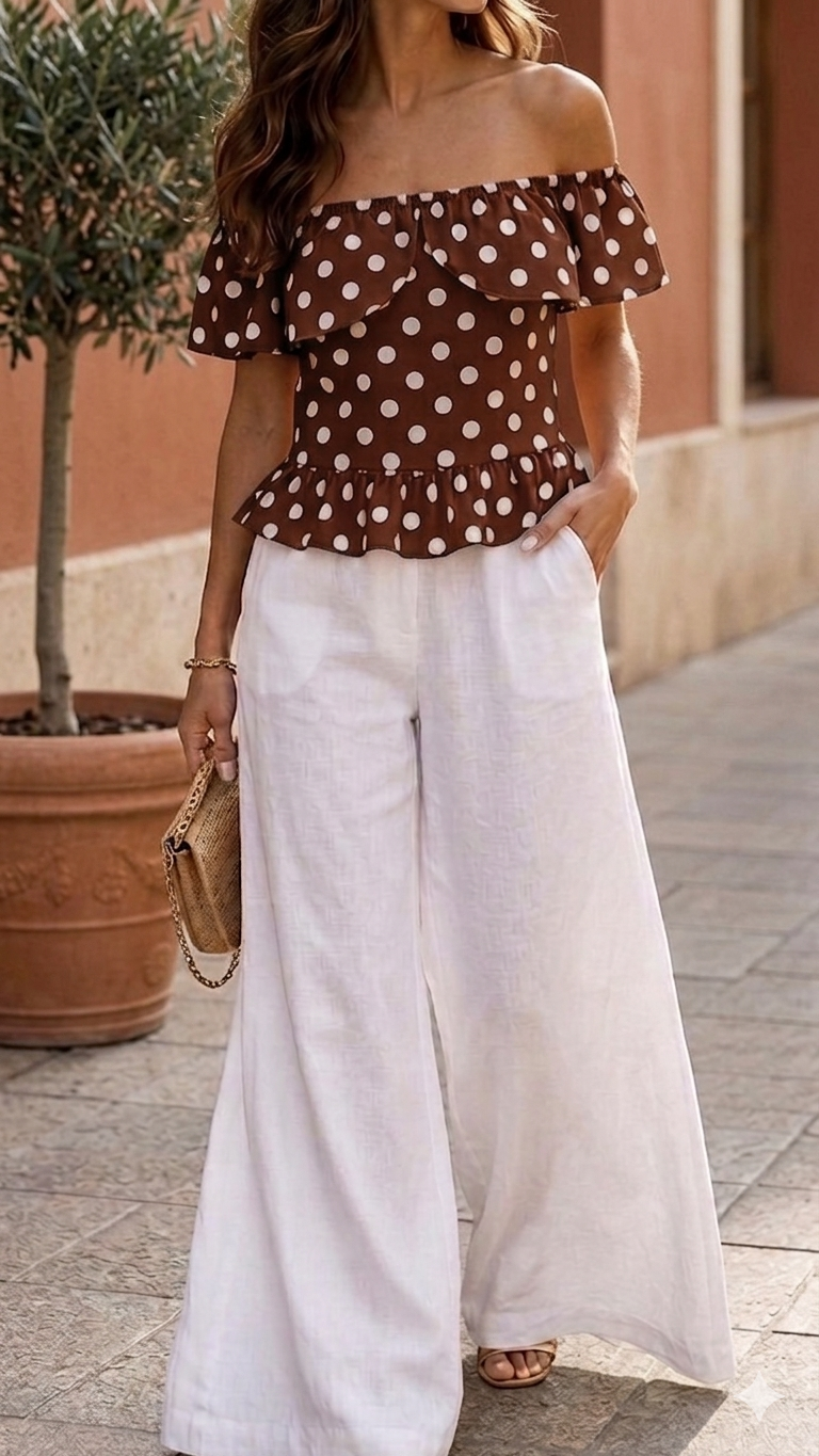 Top Bardot marron chocolat à pois en Coton