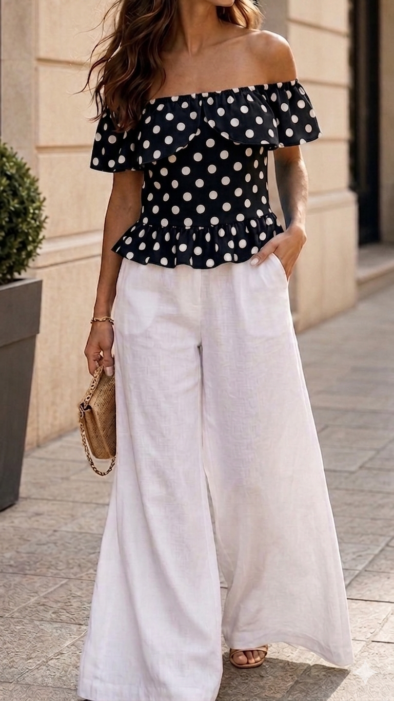 Top Bardot noir à pois en Coton