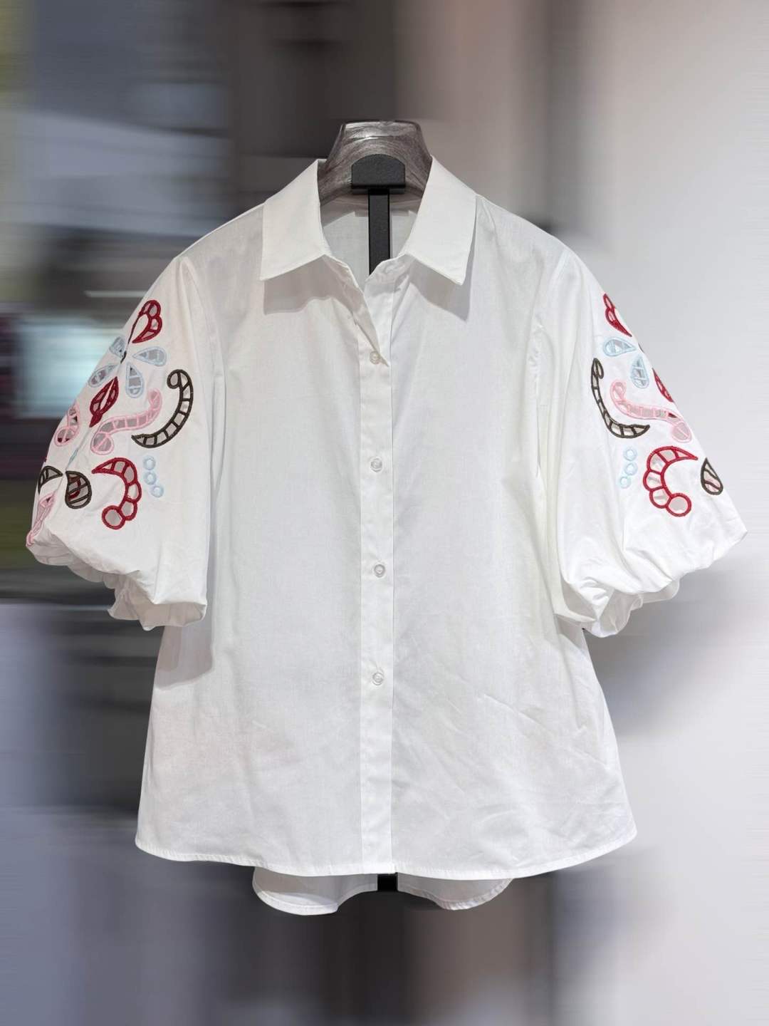 Chemise Blanche-Manches Bouffantes brodées.