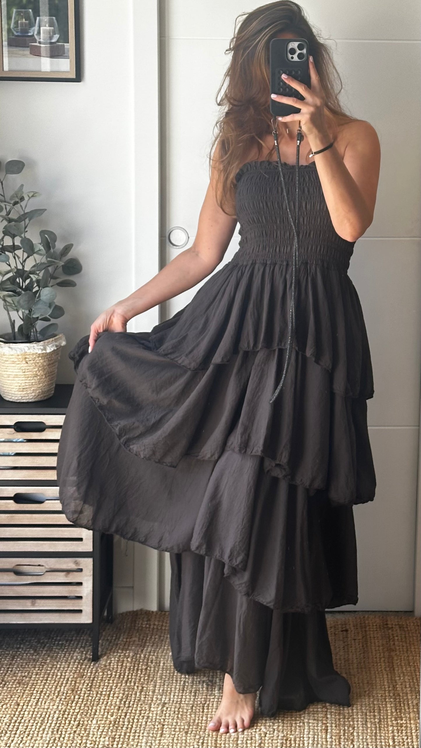 Robe longue chocolat à volants
