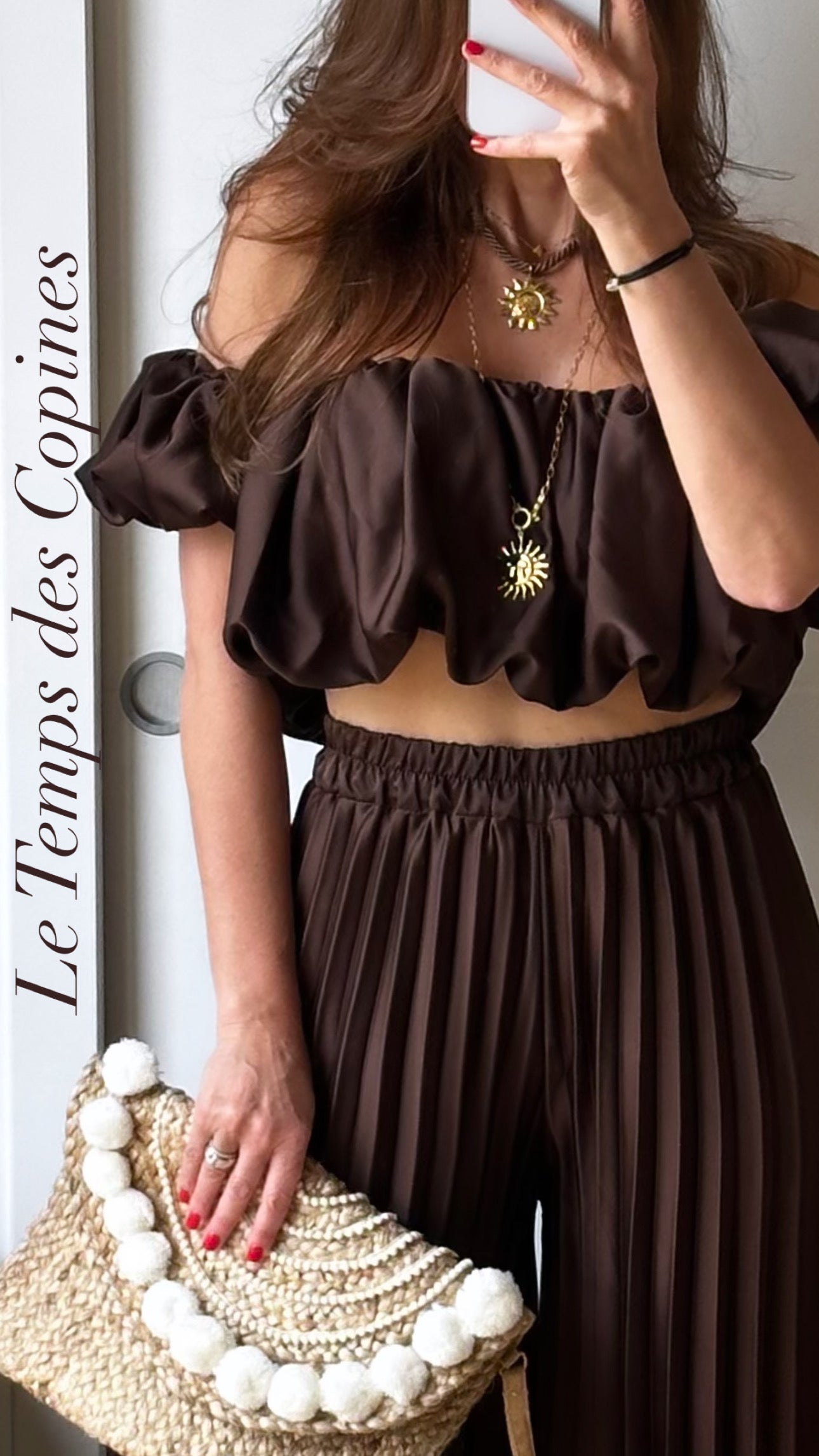 Ensemble top et pantalon plissé marron chocolat