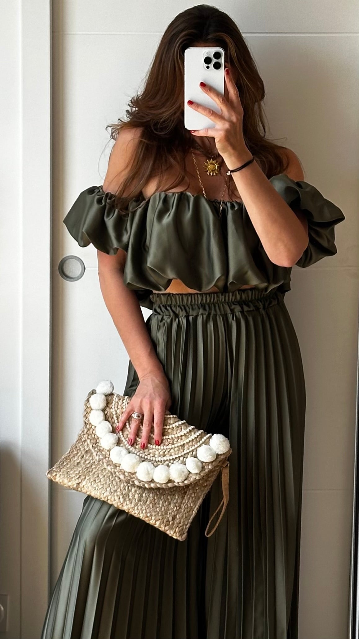 Ensemble top et pantalon plissé vert olive