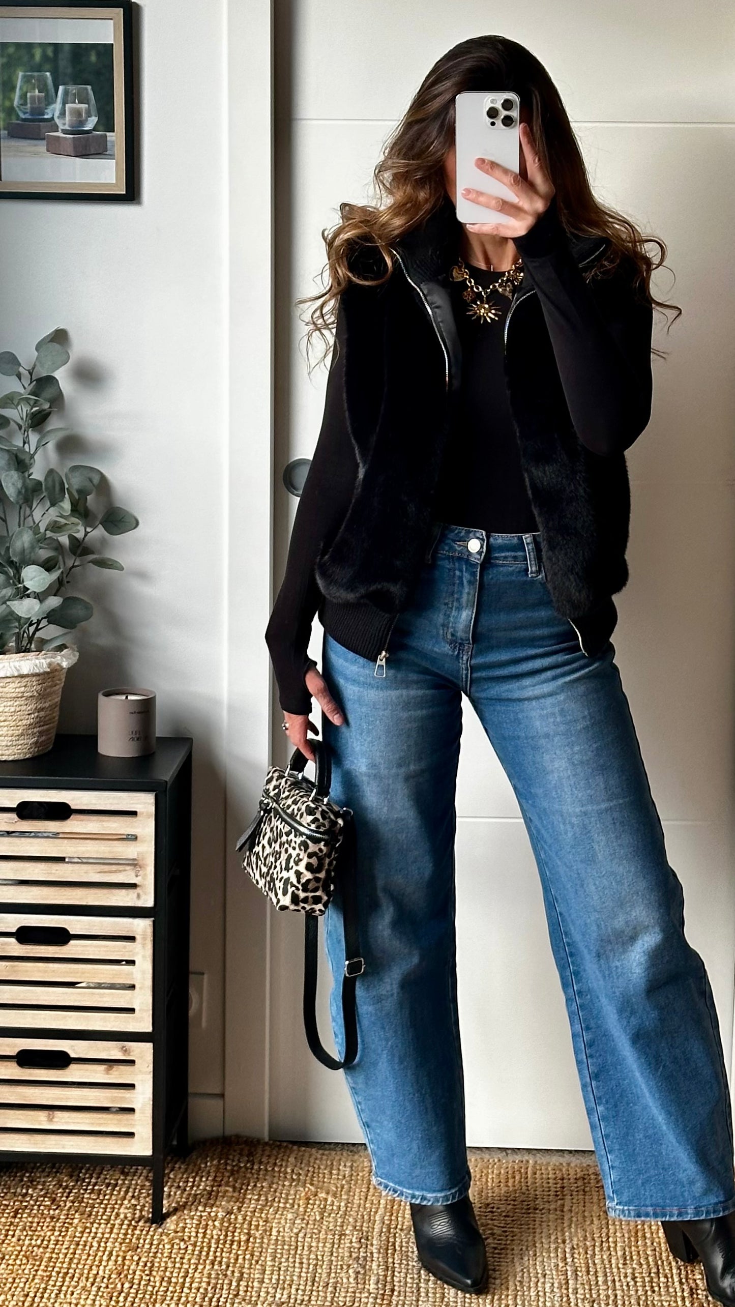 Doudoune bi-matière effet fourrure – Noir chic