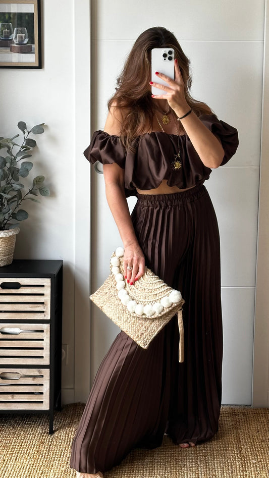 Ensemble top et pantalon plissé marron chocolat