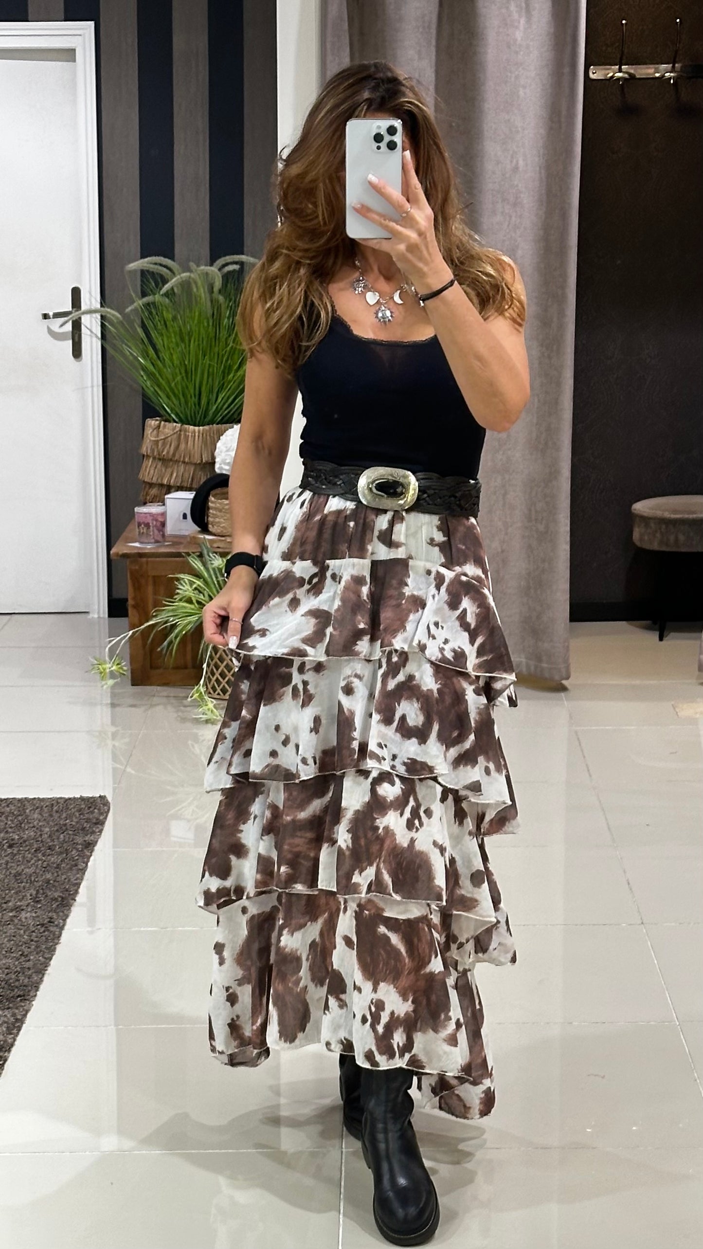 Jupe Longue Bohème à Volants Motif Tacheté Marron & Blanc