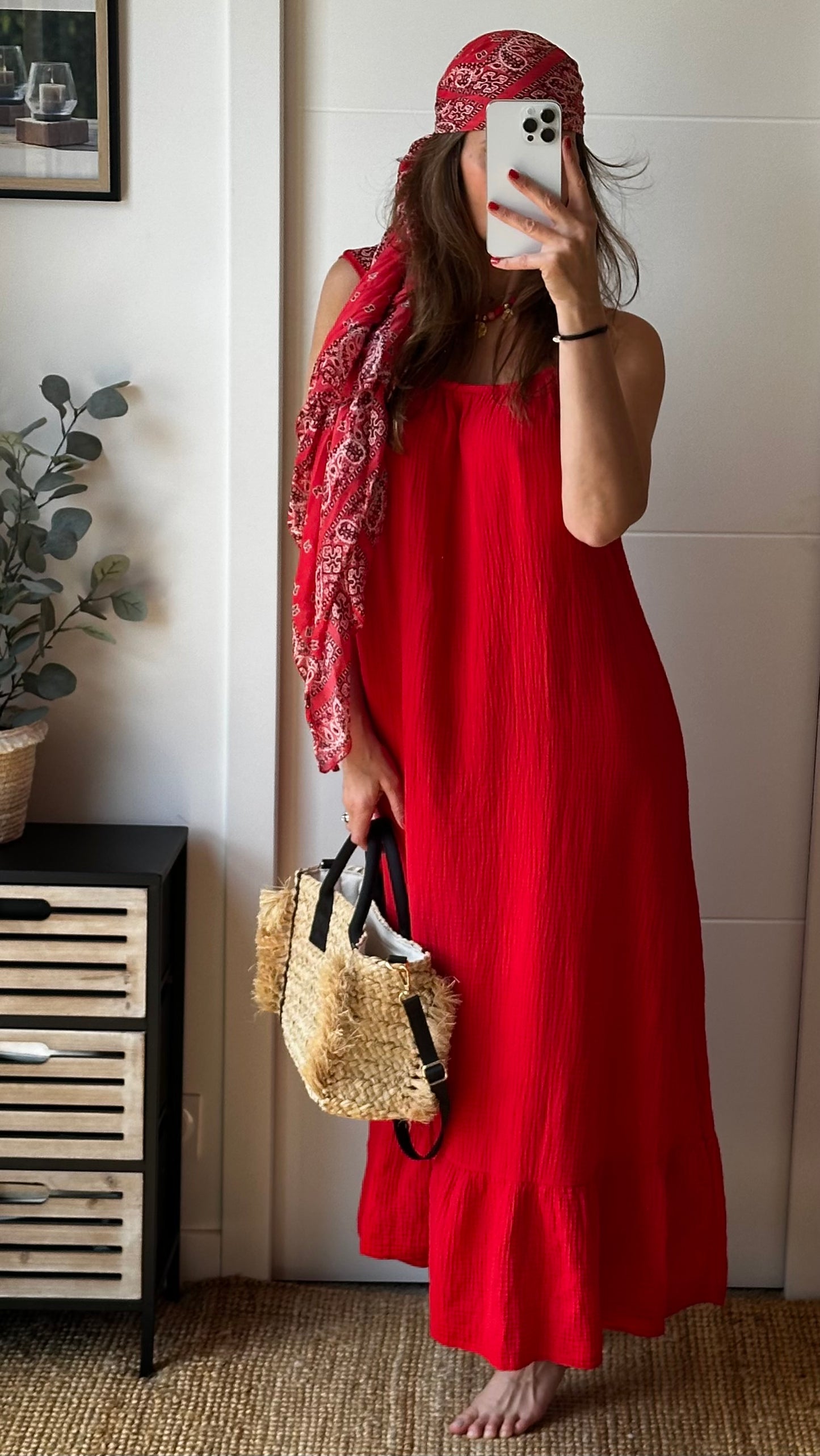 Robe longue gaze de coton rouge