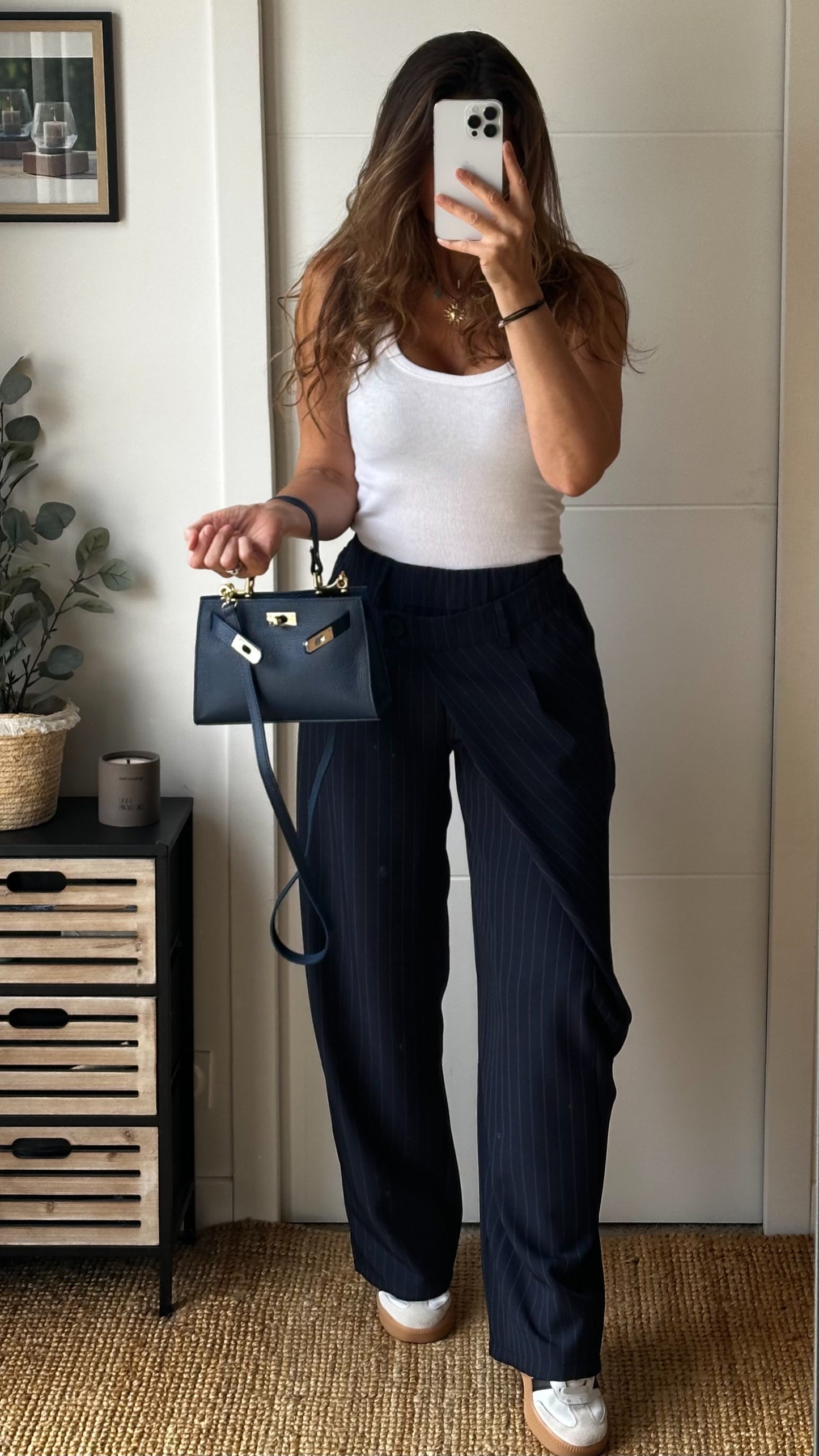 Pantalon bleu fines rayures Asymétrique