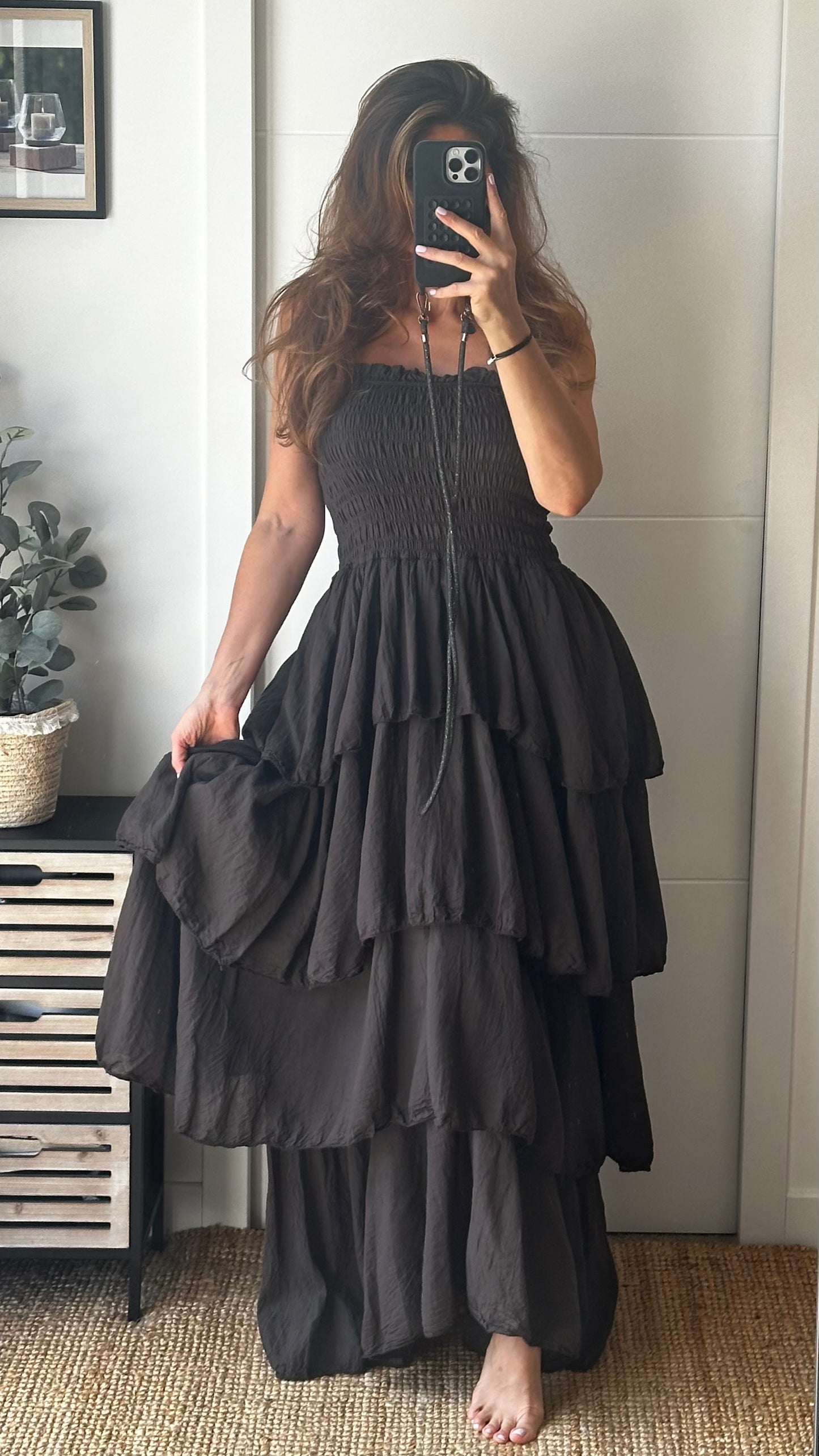 Robe longue chocolat à volants