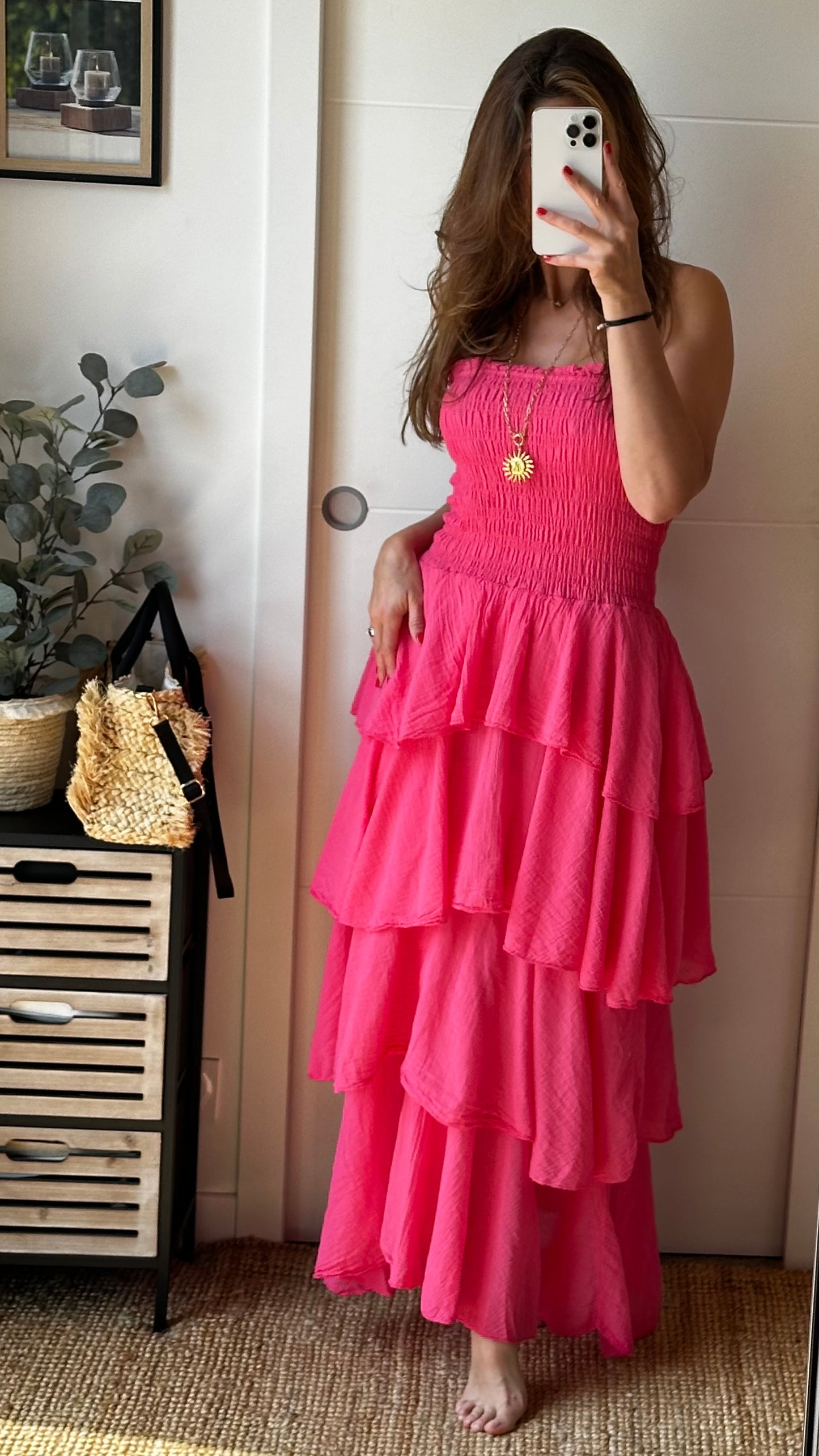 Robe longue rose à volants