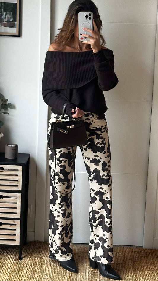 Pantalon fluide imprimé marron – coupe droite élégante