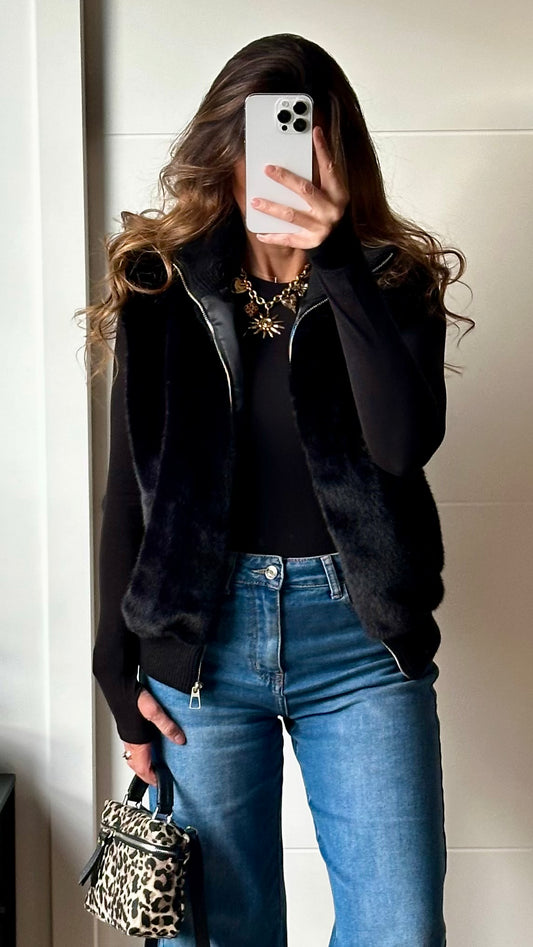 Doudoune bi-matière effet fourrure – Noir chic