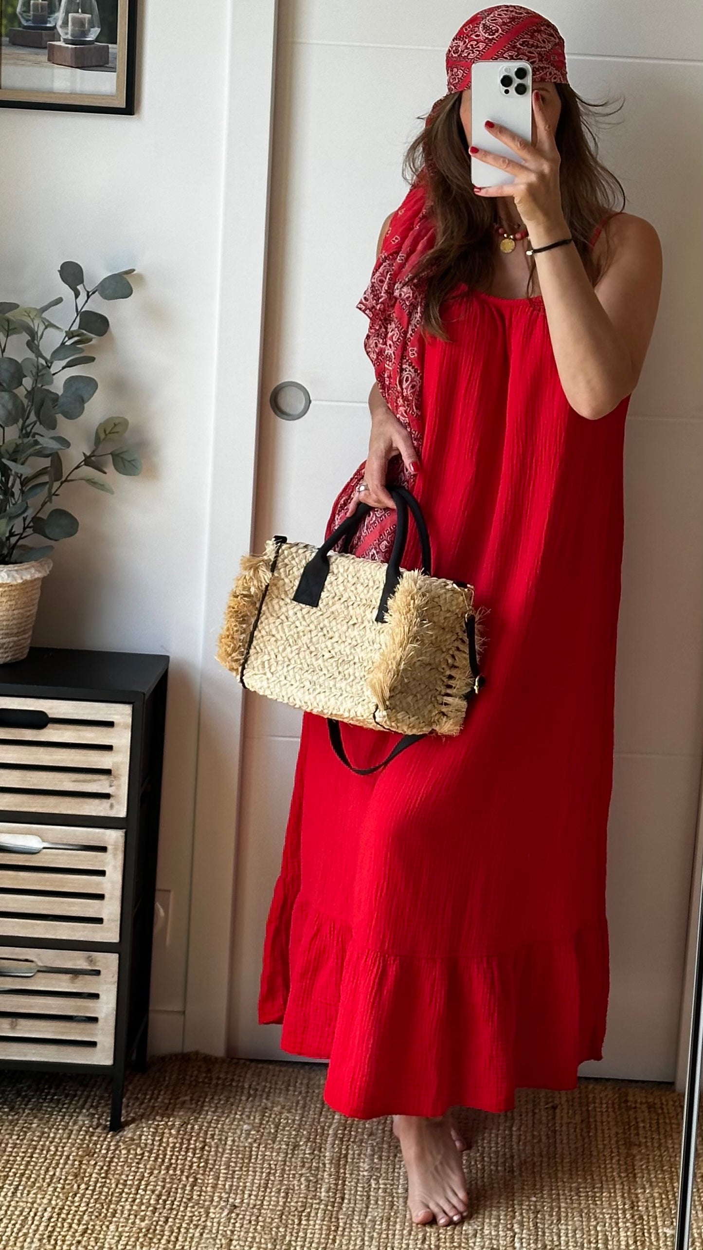 Robe longue gaze de coton rouge