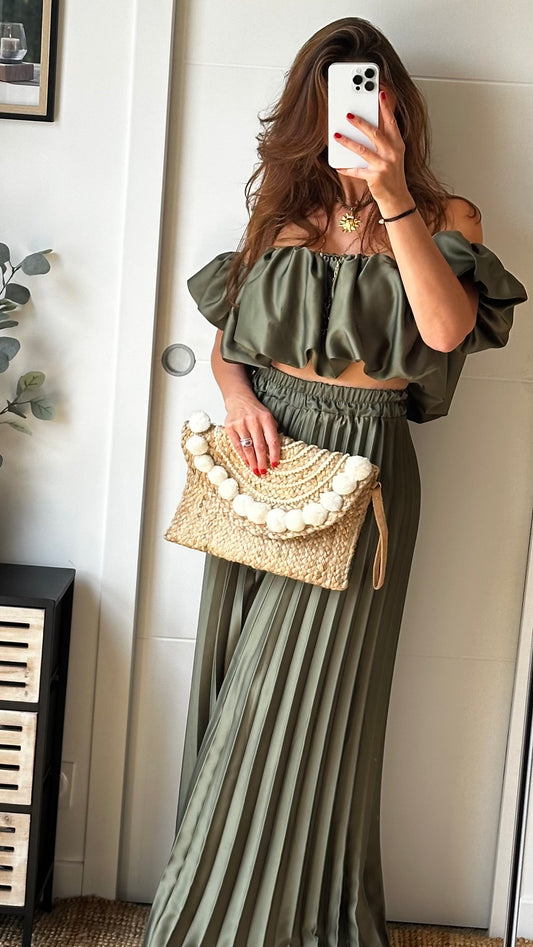 Ensemble top et pantalon plissé vert olive