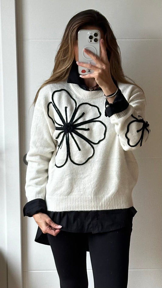 Pull blanc fleurs