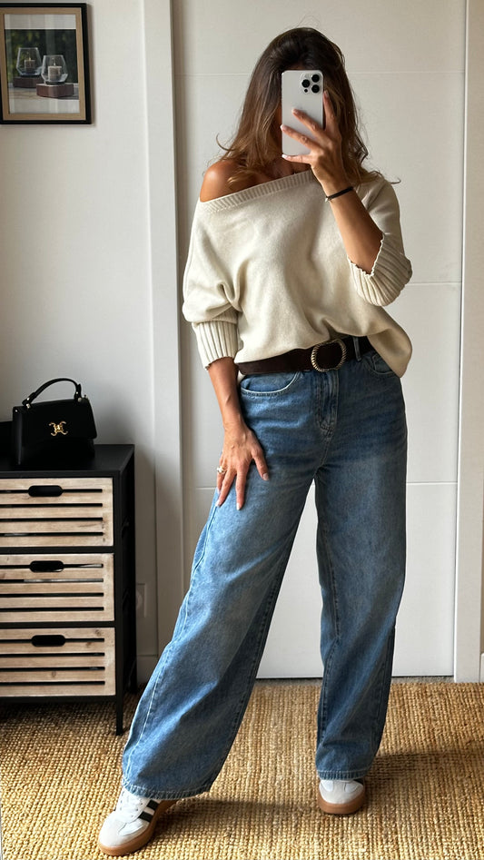 Pull beige col rond