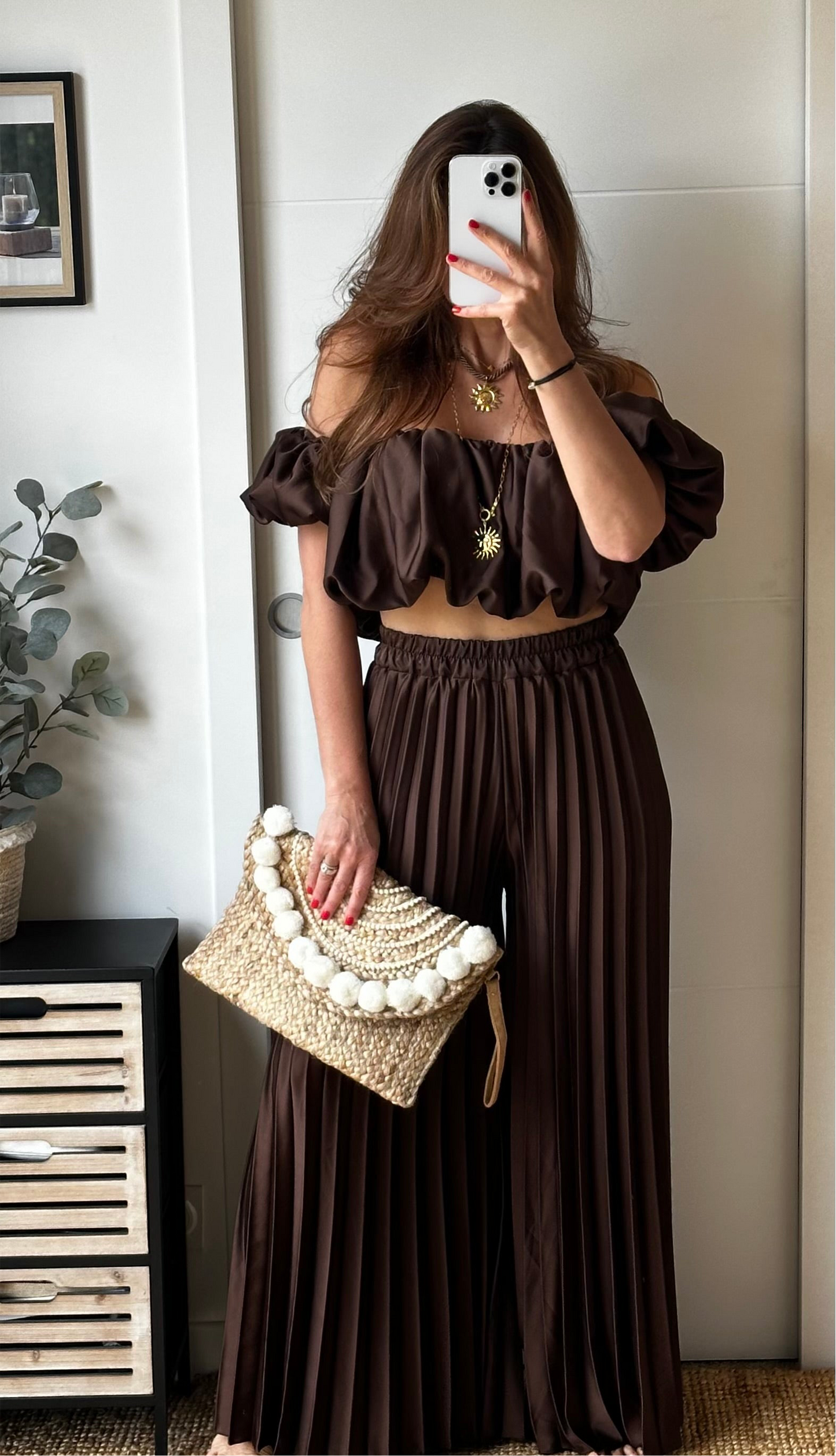 Ensemble top et pantalon plissé marron chocolat
