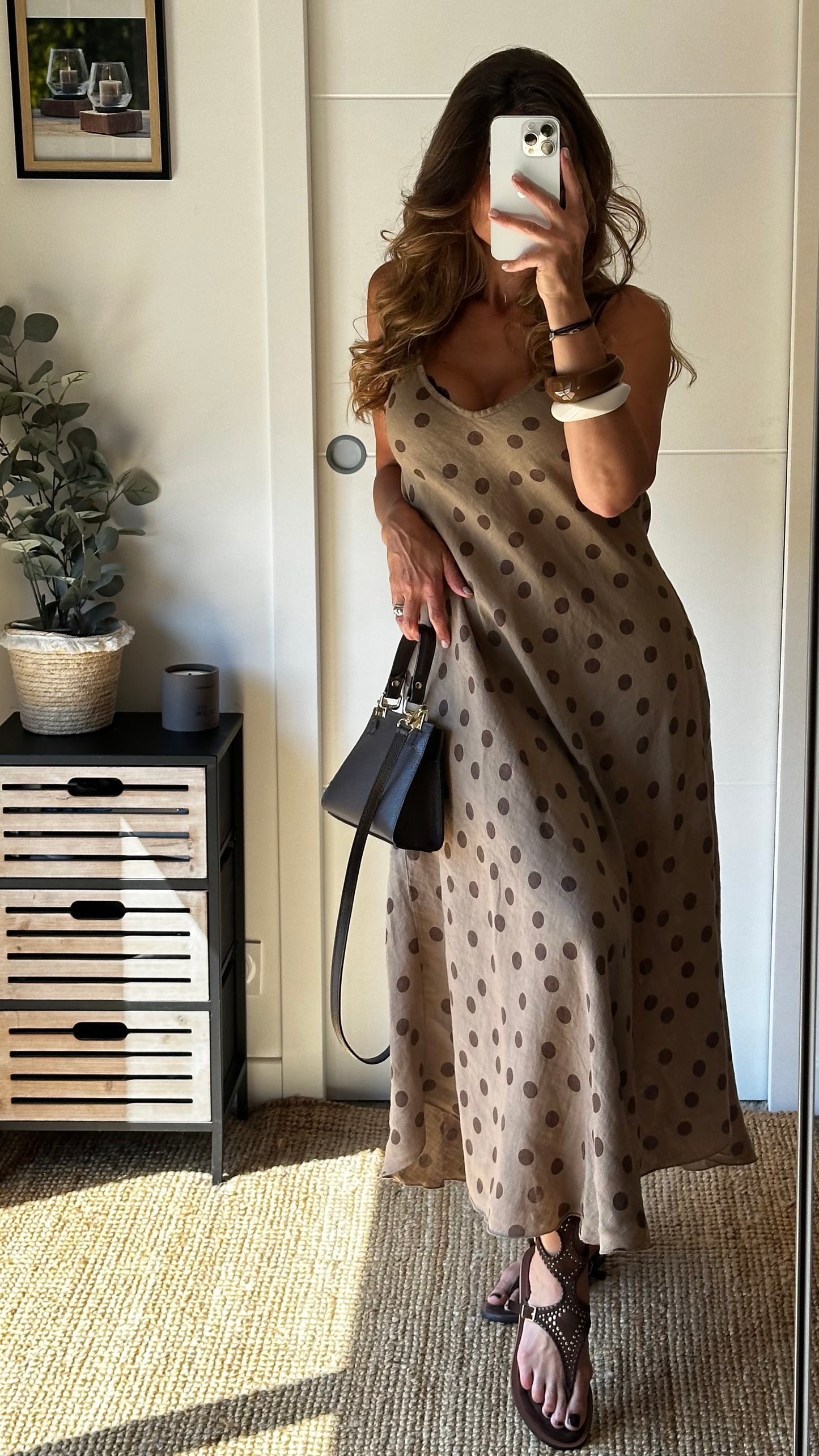Robe longue beige en lin à pois