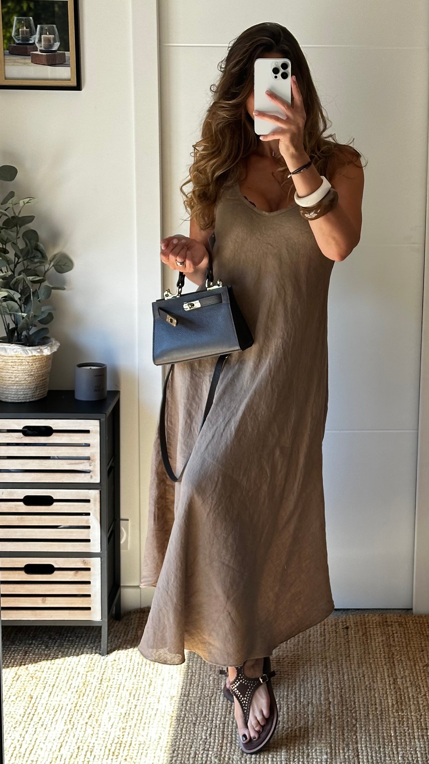 Robe longue beige unie en lin
