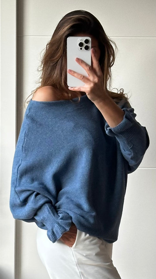 Pull fin bleu jean manches volants