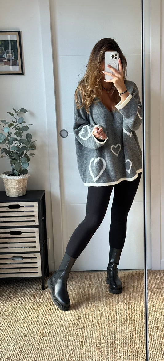 Pull cœurs gris