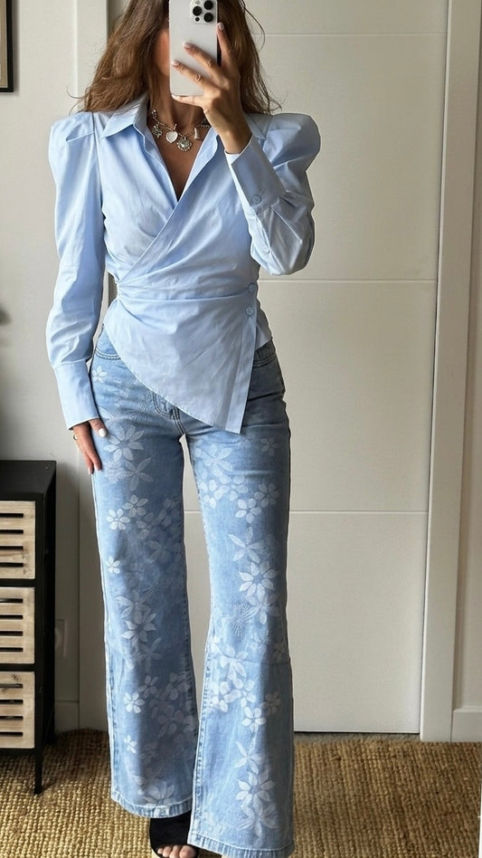 Chemise bleue drapée