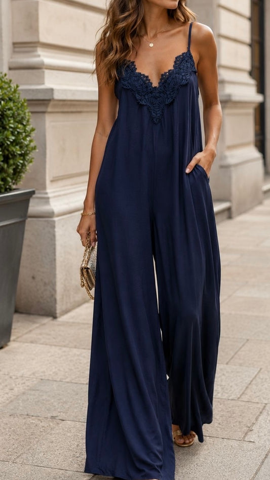Combinaison Fluide-Dentelle-Bleue marine