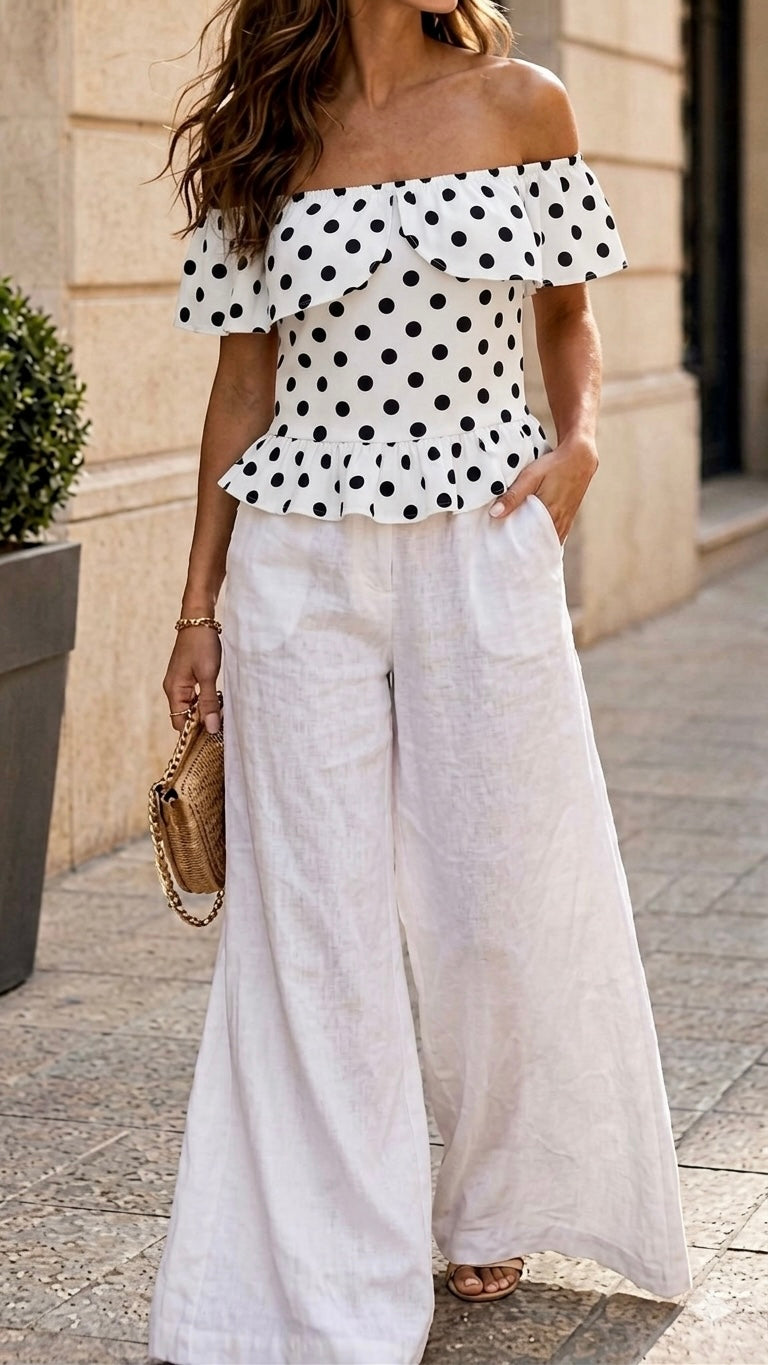 Top Bardot blanc à Pois en Coton