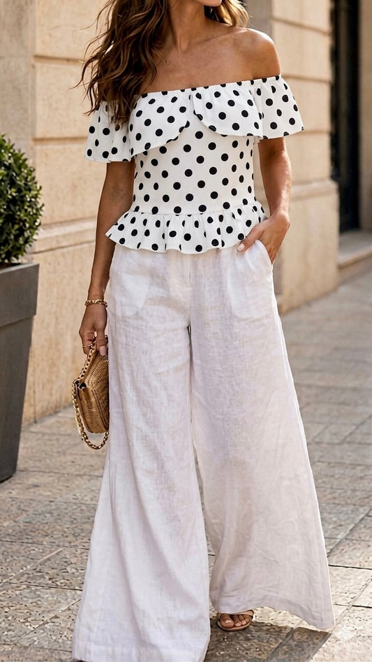 Top Bardot blanc à Pois en Coton