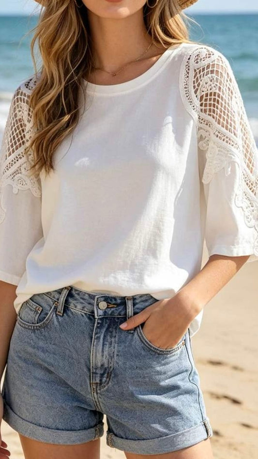 T-shirt blanc-manches brodées-ajourées
