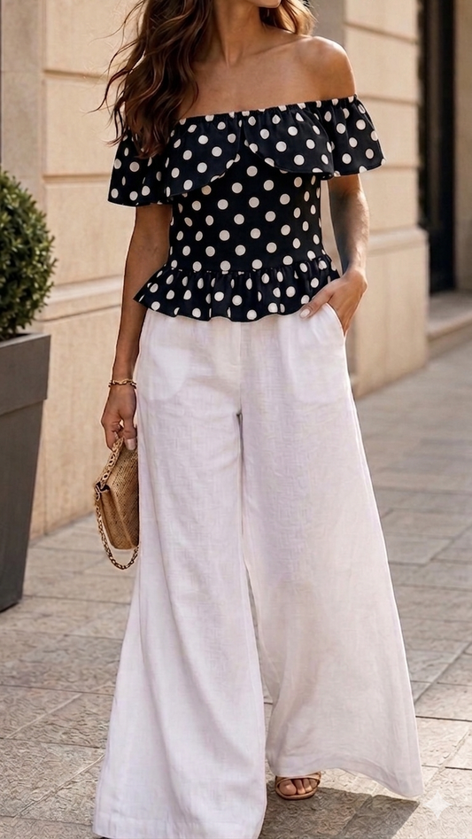 Top Bardot noir à pois en Coton